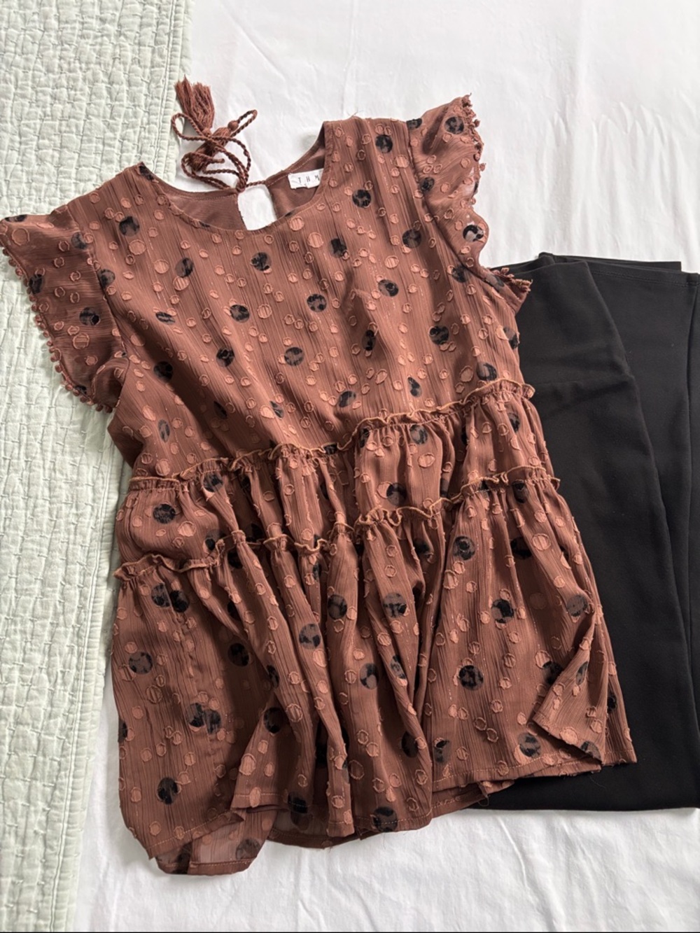 THML Rust Brown Polka Dot Peplum Blouse with Black Scuba Leggings